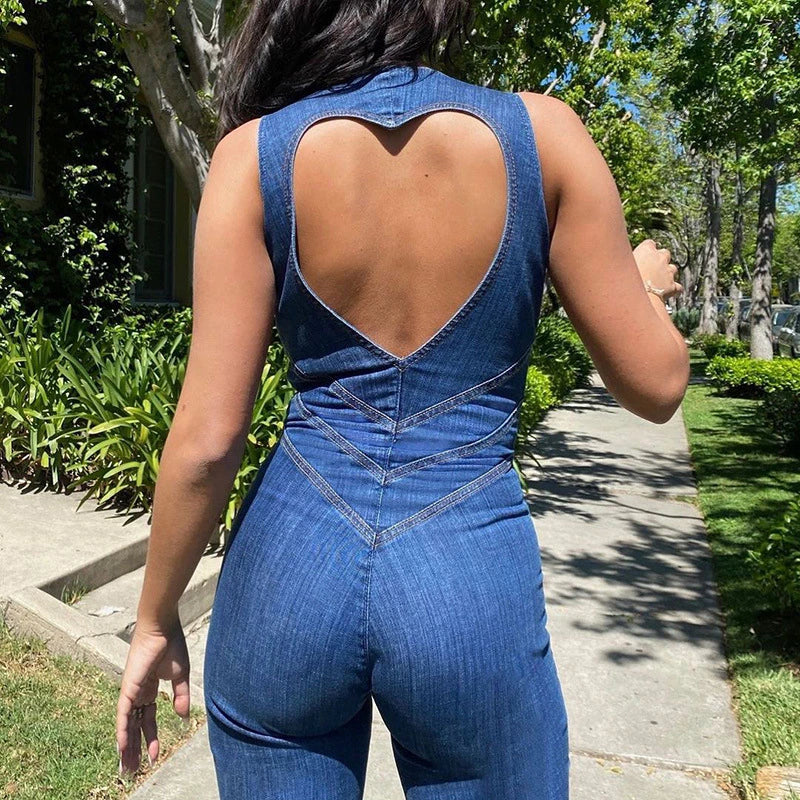 Combinaison Femme Jean Chic Dos Nu en Forme de Cœur-6