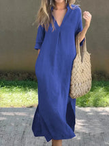 Robe Longue Femme Lin Col en V Élégante et Confortable-3