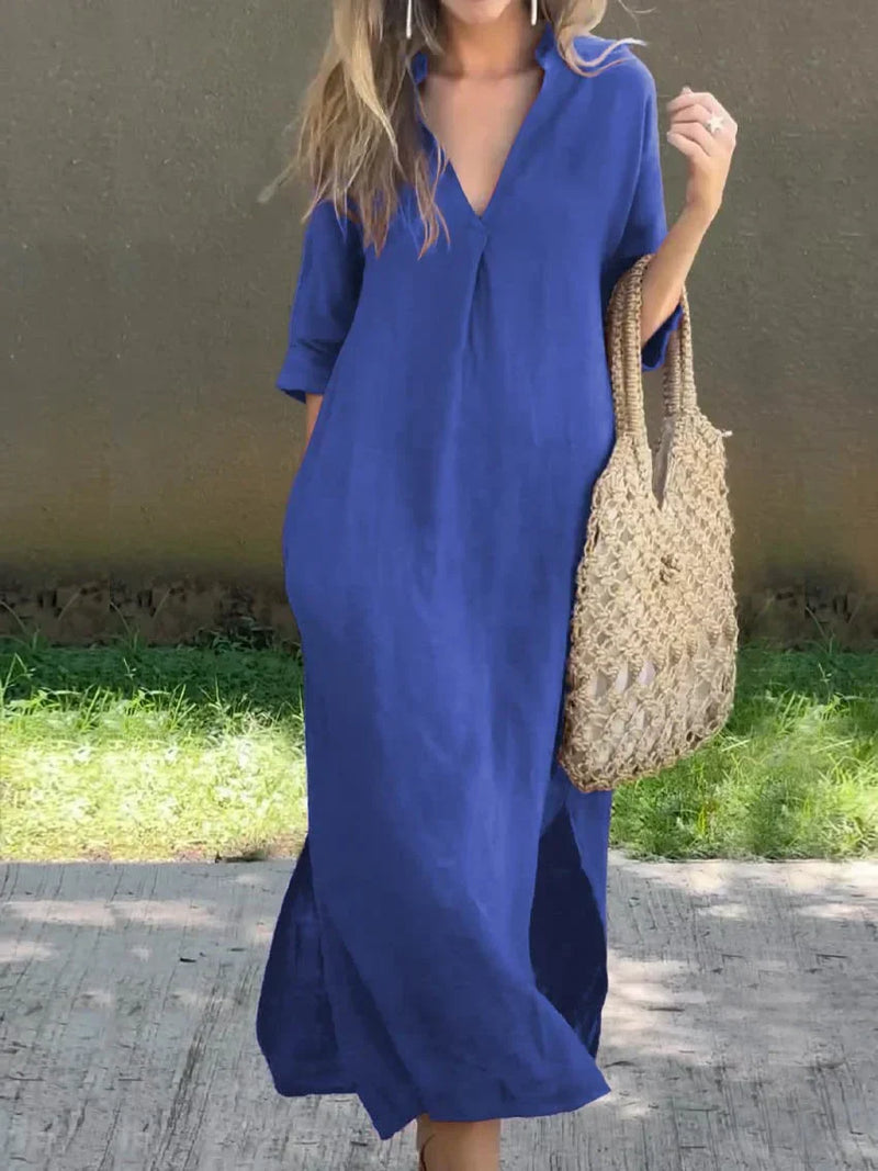 Variant image for Robe Longue Femme Lin Col en V Élégante et Confortable-3