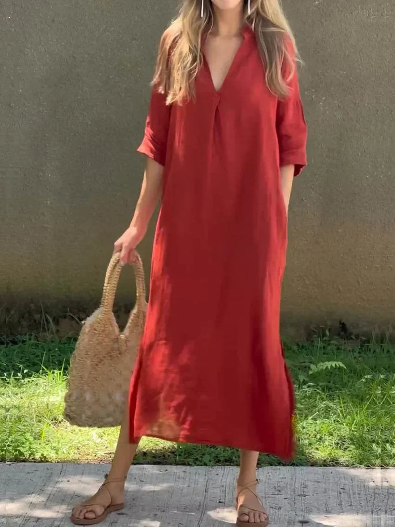 Robe Longue Femme Lin Col en V Élégante et Confortable-1