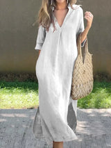 Robe Longue Femme Lin Col en V Élégante et Confortable-4