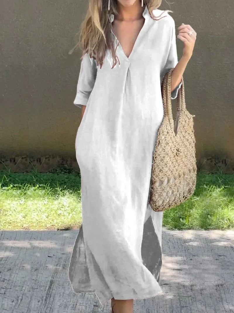 Robe Longue Femme Lin Col en V Élégante et Confortable-4