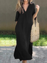 Variant image for Robe Longue Femme Lin Col en V Élégante et Confortable-2