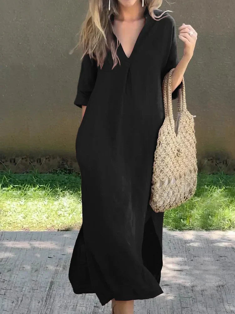 Variant image for Robe Longue Femme Lin Col en V Élégante et Confortable-2