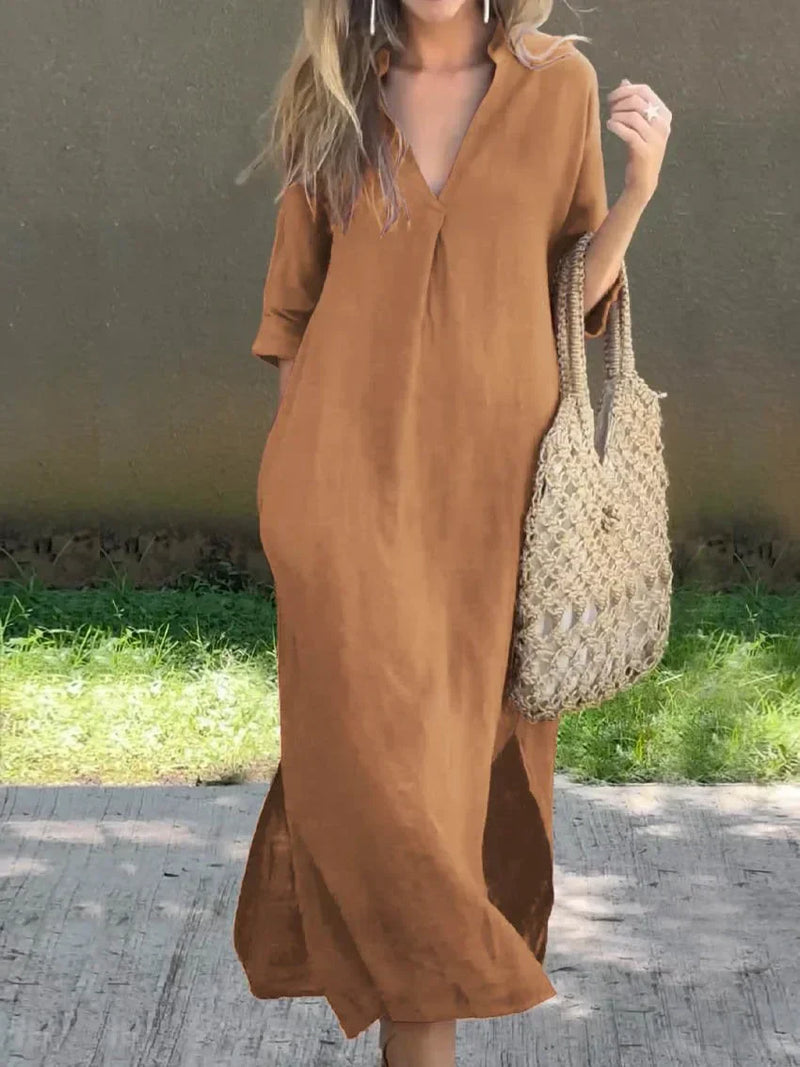Variant image for Robe Longue Femme Lin Col en V Élégante et Confortable-4